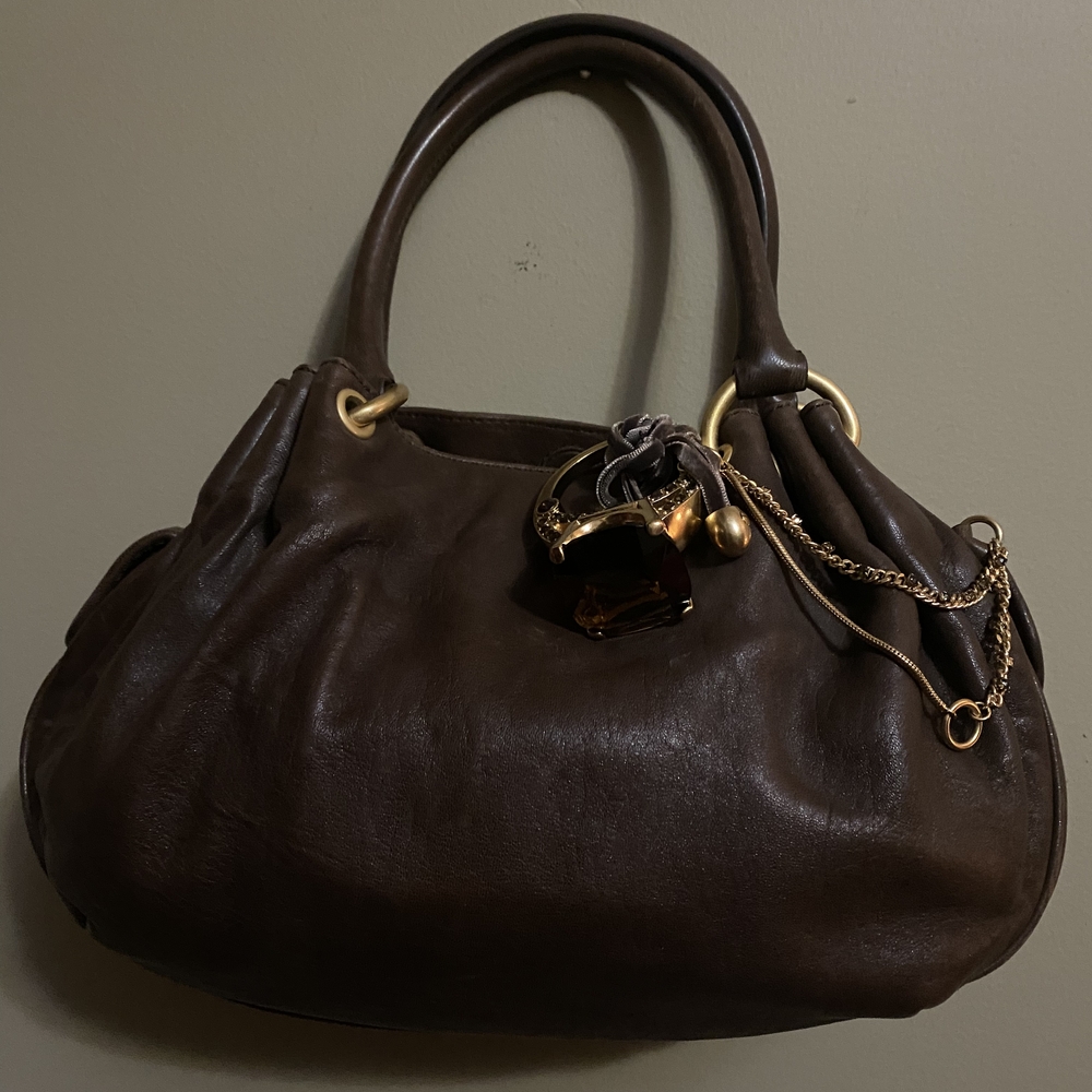 Juicy Couture-Classic Brown Leather Shoulder Bag with Over Size Gold Ring
